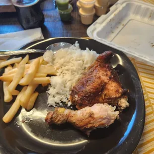 Chicken, fries and white rice
