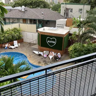 View of the pool from the room&apos;s balcony