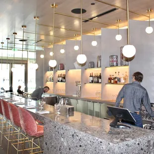 The Ponti had a beautiful, immersive dining environment that utilized concrete-textured walls &amp; floors, gold light fixtures &amp; velvet chairs.