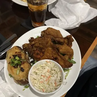 Fried Chicken with twice baked potato and slaw