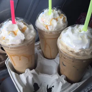 Blended vanilla latte, blended caramel latte, white chocolate mocha over ice.
