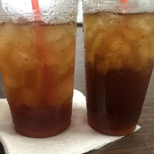 Tropical iced tea (left) iced coffee (right)