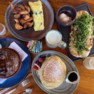 Sweet treats, omelete, lemon soufflé pancake, flatbread