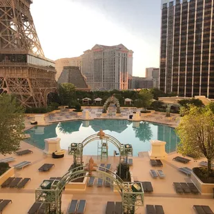 The pool is right next to the base of the Eiffel Tower