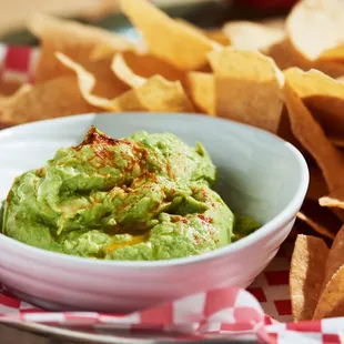 a bowl of guacamole and chips