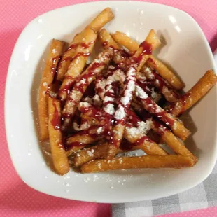 Funnel Cake Fries with a Raspberry Sauce