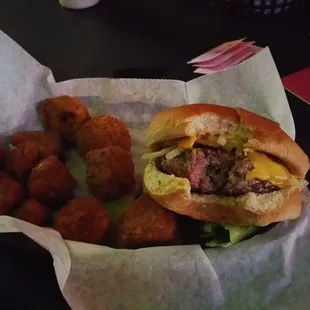 Hand made hamburger patties --- be sure to order doneness preferred.