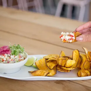 Coconut Ceviche with coconut serrano dressing and crispy plantains.