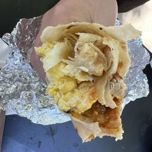 Breakfast burrito with pork belly (I think)