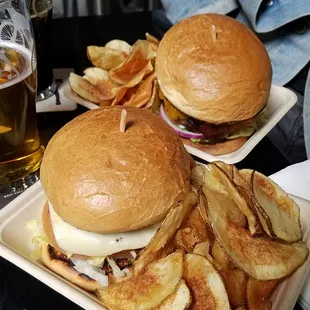 Quinoa patty-shroom + swiss. Beef patty-CA