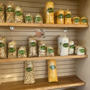 a shelf full of popcorn