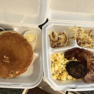 Breakfast sampler with pancakes