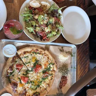 Garden pizza and bread and burrata salad