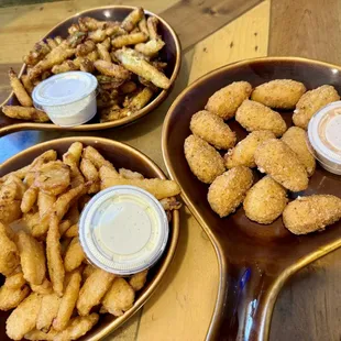Pickle fries, onion petals, and Gouda Mac &amp; cheese bacon bites!