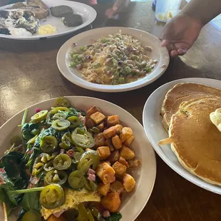 Denver Omelet w/pancakes  Blueberry Muffin French Toast w/ Hashbrowns with Bell Pepper and Onions