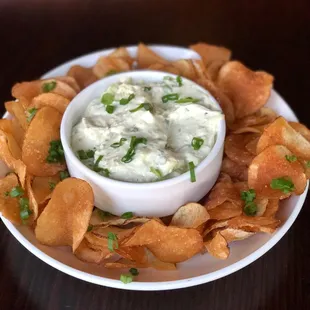 Hand Cut Potato Chips served with homemade onion dip