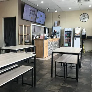 Bench seats, self served, order and pay at the counter.
