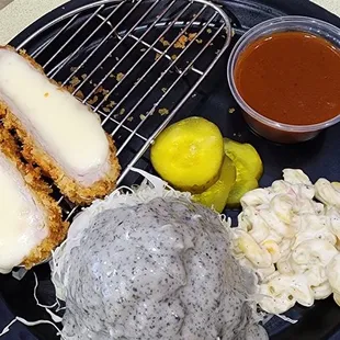 the fan-fav cheese-let w/ side of cabbage salad and mac salad.