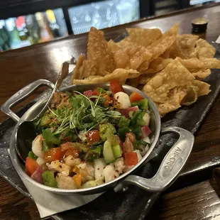 Shrimp &amp; Scallop Ceviche served with fried wanton chips... excellent dish.
