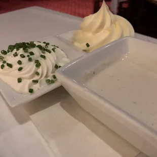 Dipping sauces for the Prime Rib and baked potato.