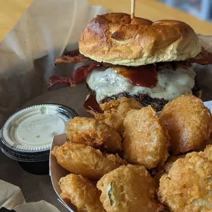 bacon, cheese, and onion rings