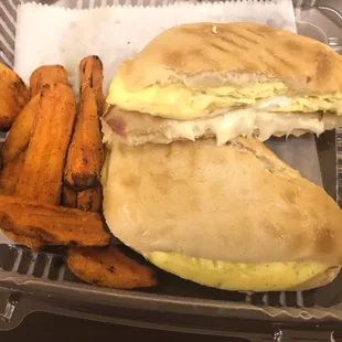 2 Egg, Bacon &amp; American Breakfast Sandwich with Sweet Potato Wedges