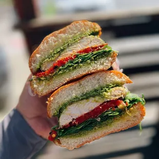 Chicken pesto with roasted red peppers &amp; arugula on brioche