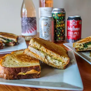 Pressed sandwiches, wine and beer