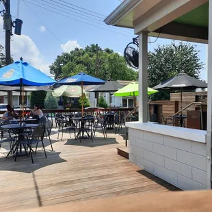 a patio with tables and umbrellas