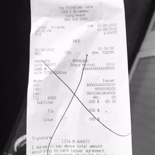the receipt for the restaurant