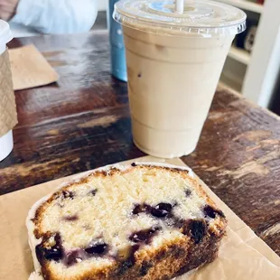 Iced latte with lemon blueberry loaf