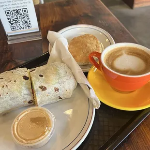 Breakfast burrito, coffee, biscuit