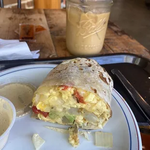 Breakfast burrito and iced latte