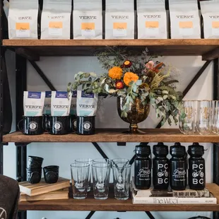 House Blend of Verve Coffee, camp mugs, champagne flutes, Specialized water bottles, pint glasses, tea cups...