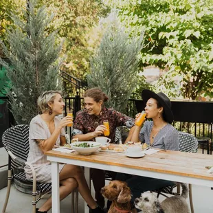 brunch on the patio: Latte, Mimosa, Avocado Toast
