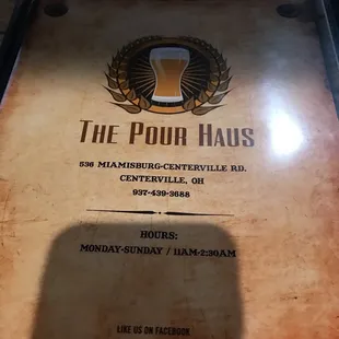 the menu for the pour haus