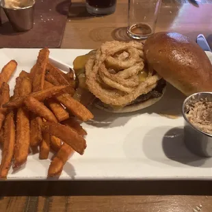Bourbon burger with sweet potato fries.