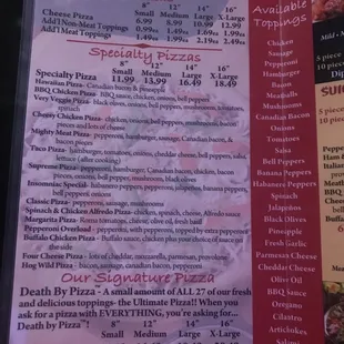 Pizza Menu