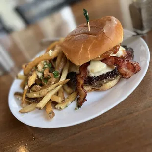 Cowboy burger and Garlic Fries