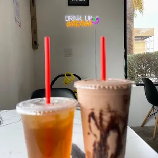 A Campfire s'mores protein shake and peach tea