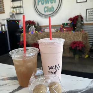 White chocolate Peppermint with post recovery, chai tea with cranberry aloe and protein balls