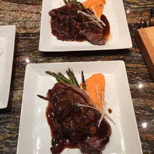 Pan Seared NY Strip w/ Wild Mushroom Demi. Sweet Potato Mousse. Grilled Asparagus Parm.