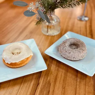 Mochi Donuts (GF): egg nog (left), black sesame (right)