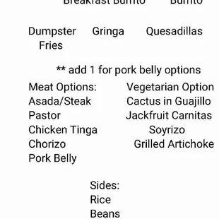 Mexican Street Tacos
Carne Asada, PastorTacos,
Chicken Tinga, Quesadillas
Also vegetarian options