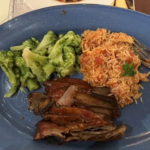 Brisket with the Spanish Rice and Broccoli.  Very thin cut but perfect. Tender and not dry.  I would order it again.  Prime Brisket