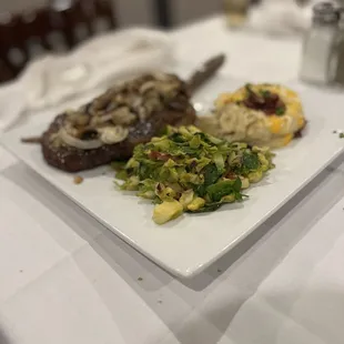 16 oz ribeye and Brussels Sprouts with Bacon with loaded mash potatoes