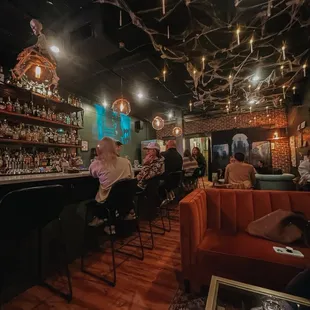 The bar area decorated for Halloween