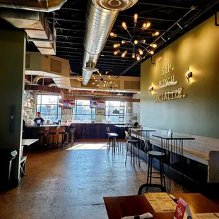 The Print Shop Restaurant upstairs seating area with a full bar to the back left