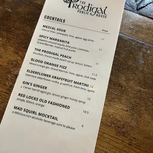 Cocktail menu