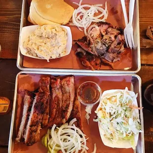 Pulled Pork with side of potato salad; Half slab of ribs with cold slaw